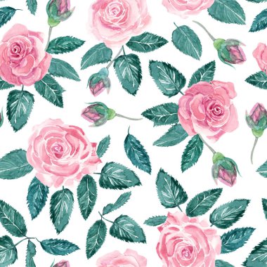 Beyaz arka planda yaprakları, gülleri ve çiçek tomurcukları olan dikişsiz suluboya deseni. Güzel tekstil baskısı. Kumaşlar, ambalaj kağıtları, duvar kağıtları, çarşaflar için harika..