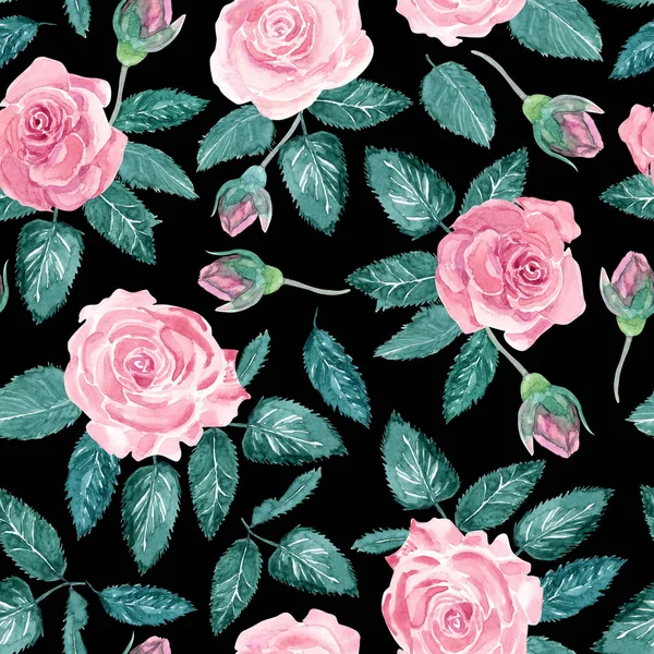 Aquarell Nahtloses Muster Mit Blättern Rosen Und Blütenknospen Auf Schwarzem — Stockfoto