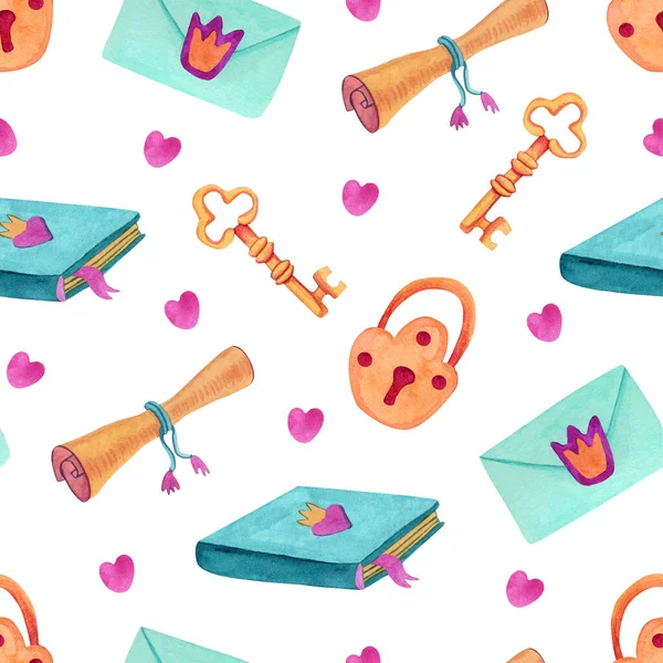 Watercolor seamless pattern with fairytale things. Scrolls, keys, padlocks, envelopes, books on white background. Great for fabrics, wrapping papers, wallpapers, covers and kids design.
