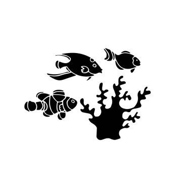 El çizimi siyah ikon. Beyaz arka planda izole edilmiş egzotik balık ve mercan siluetlerinin vektör çizimi.