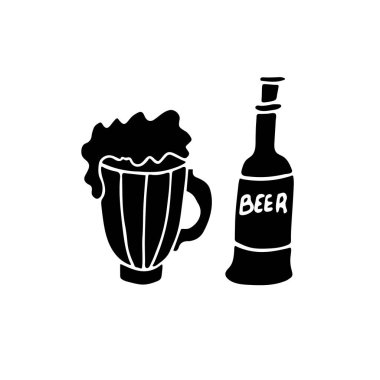 Beyaz arka planda izole edilmiş bir bardak ve bir şişe bira siluetinin vektör çizimi. El çizimi siyah simge