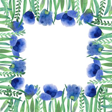 Fantezi mavi çiçekler ve yeşil yapraklarla suluboya güzel bir çerçeve. Sosyal medya kare biçimi. Beyaz arkaplanda elle boyanmış resimler izole edilmiş.