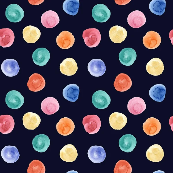 Abstract seamless pattern with watercolor colorful circles on black background. Great for fabrics, wrapping papers, wallpapers, covers.