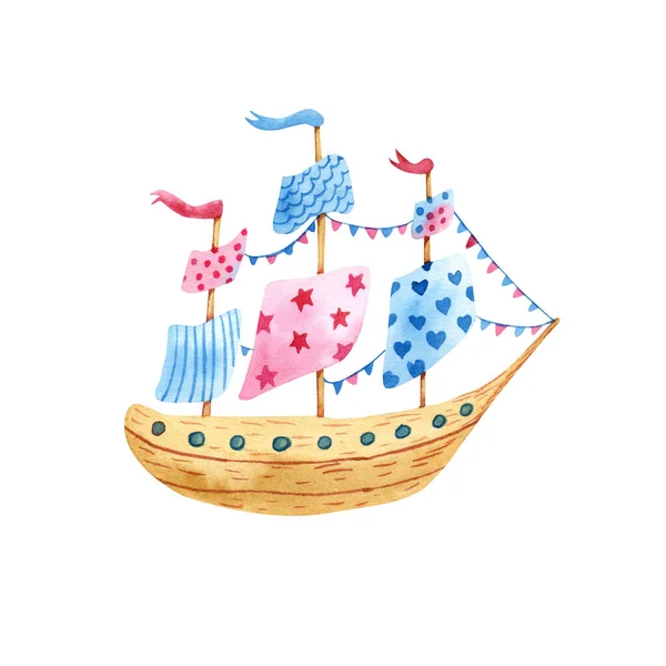 旗やガーランドで飾られた古い妖精のセーリング船 白を基調とした水彩イラスト 子供のための素晴らしいデザイン — ストック写真