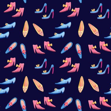 Esmer arka planda kadın retro tarzı ayakkabıları olan suluboya desenli. Kumaşlar, ambalaj kağıtları, kapaklar ve çocuklar için harika..