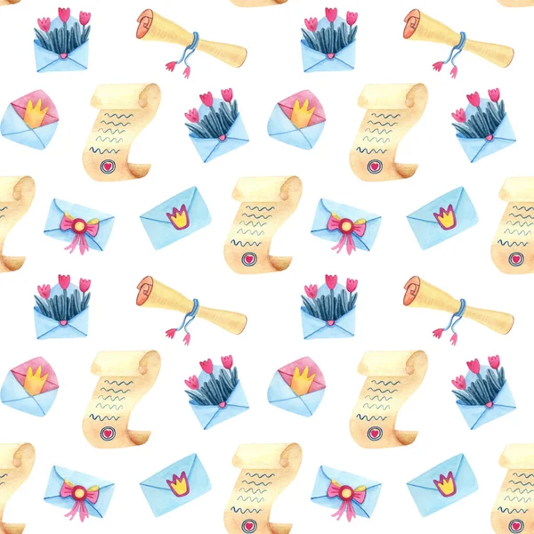 Watercolor seamless pattern with parchment, paper scrolls, envelopes decorated with tulip flowers, crowns, bow and ribbons on white background. Great for fabrics, wrapping paper, covers and kid design
