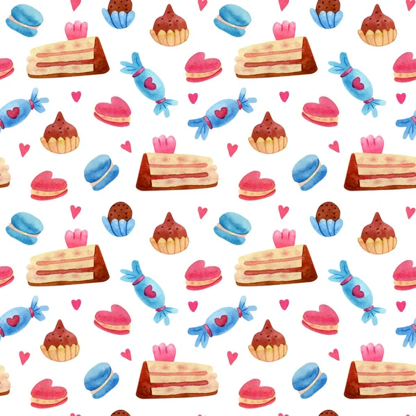 Aquarell Nahtloses Muster Mit Verschiedenen Süßigkeiten Kuchenstücken Schokoladentrüffeln Herzförmigen Makronen — Stockfoto