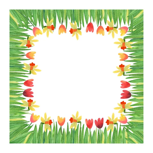 Quadro Quadrado Bonito Com Flores Primavera Narcisos Tulipas Grande Modelo — Fotografia de Stock