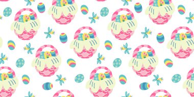 Narcissus çiçekleri ve Paskalya renkli yumurtalarla dolu hasır sepetleri olan kusursuz bir desen. Kumaşlar, ambalaj kağıtları, duvar kağıtları, örtüler için harika. El çizimi düz illüstrasyon.