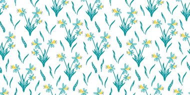 Beyaz arka planda narsis çiçekleri olan kusursuz bir desen. Kumaşlar için harika, özellikle çarşaflar için, ambalaj kağıtları, duvar kağıtları, örtüler için. El çizimi düz illüstrasyon. 