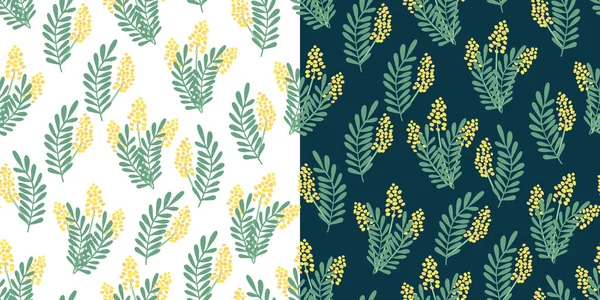 Two Vector Seamless Patterns Nice Mimosa Flowers Leaves White Dark — Stock Vector