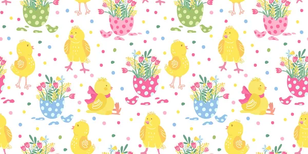 Vector Seamless Pattern Cute Little Chickens Colorful Eggs Spring Flowers — Archivo Imágenes Vectoriales