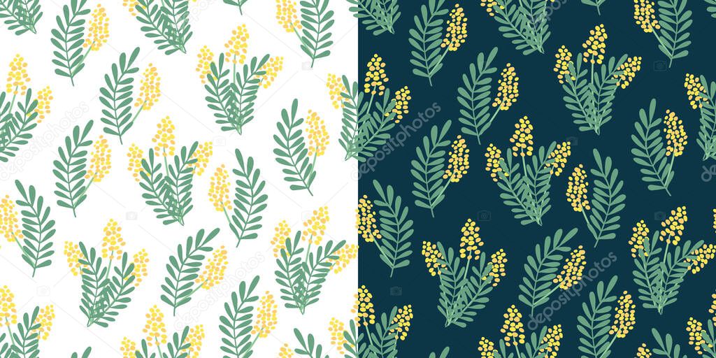 Two vector seamless patterns with nice mimosa  flowers and leaves on white and dark. Great for fabrics, especially for linens, wrapping papers, wallpapers, covers. Hand drawn flat illustration.