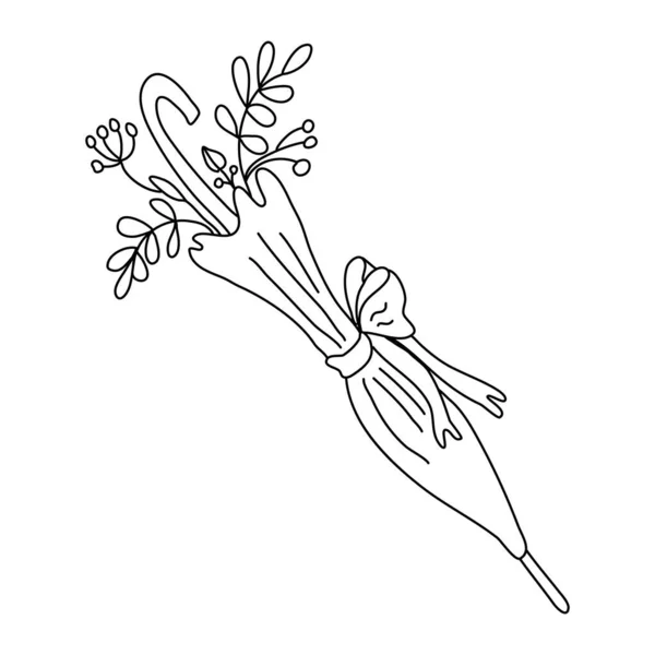 빈티지 우산에 나뭇잎과 딸기를 윤곽이군 손으로 일러스트는 잉크로 배경에 그려졌다 — 스톡 벡터