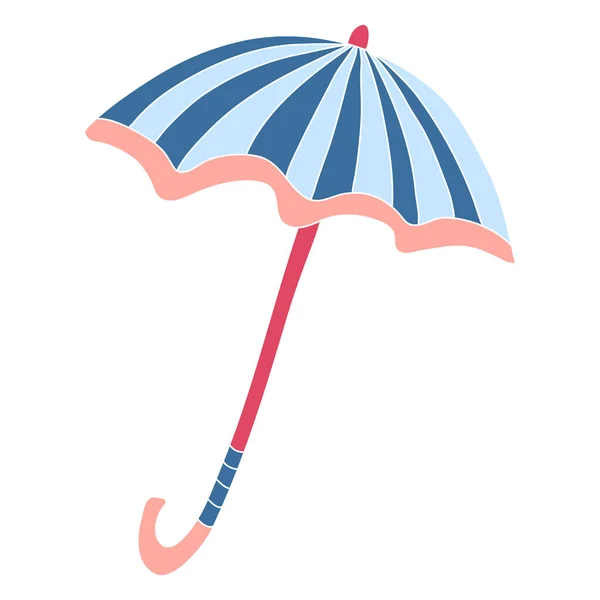 Open Striped Coral Blue Umbrella Hand Drawn Flat Vector Illustration — Stock Vector