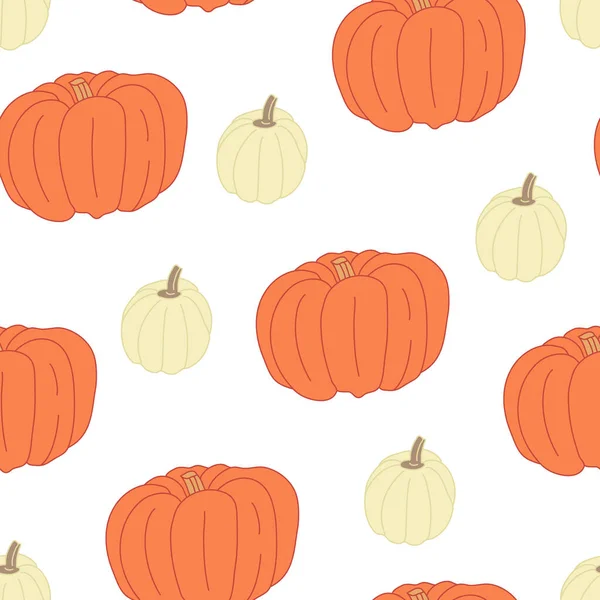 白を背景にオレンジと白のカボチャとベクトルシームレスパターン 包装紙 カバーに最適です 秋の農業園のテーマ — ストックベクタ