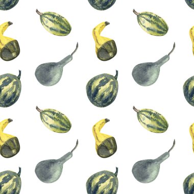 Yeşil kabak ve beyaz arka planda kabak olan dikişsiz sulu boya deseni. Kumaşlar, ambalaj kağıtları, duvar kağıtları, örtüler için harika. Sonbahar tarım bahçesi teması.