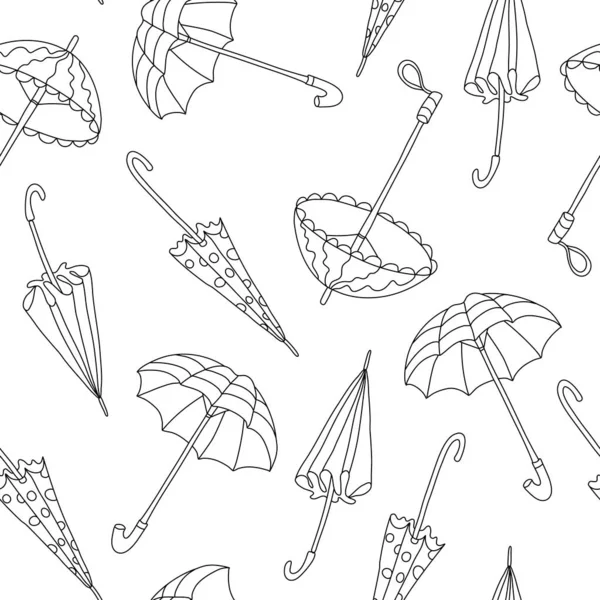 矢量无缝图案 白色背景上有开伞和闭伞 很适合织物 包装纸 黑色墨水的涂鸦式插图 — 图库矢量图片