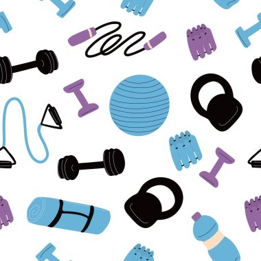 Spor malzemeleriyle kusursuz desen. Antrenman konsepti. Aptal, kettlebell, ip atlama, göğüs genişletme, minder, spor topu, ayak bileği ağırlığı. Beyaz arkaplanda vektör illüstrasyonu.