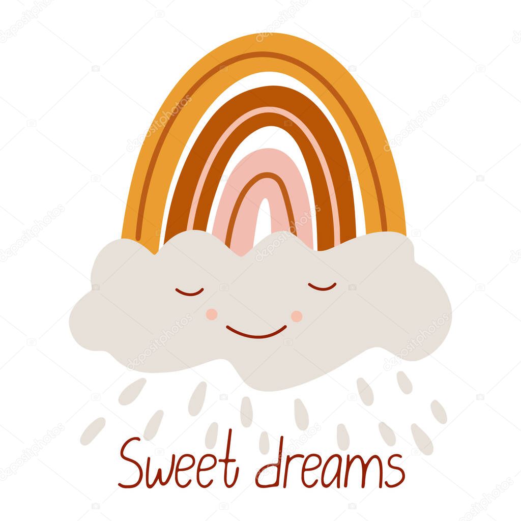 Vector poster with sleeping boho  rainbow  decorated with a cute cloud. Sweet dreams lettering. Great for kids bedroom decoration. Hand drawn flat illustration isolated on white. Muted colors. 