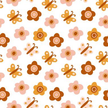 Boho renklerinde kelebekler ve beyaz üzerinde çiçekler olan kusursuz bir desen. Çocukların oyun odası ve yatak odası için mükemmel dekorasyon, duvar kağıtları, kumaşlar. Sessiz moda renkler. Paket kağıtları, kapaklar, tekstil.