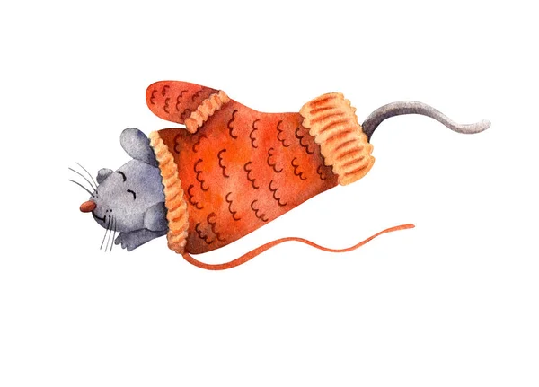 Șoarece Drăguț Dormit Gri Într Mănușă Roșie Tricotată Ilustrație Acuarelă — Fotografie, imagine de stoc