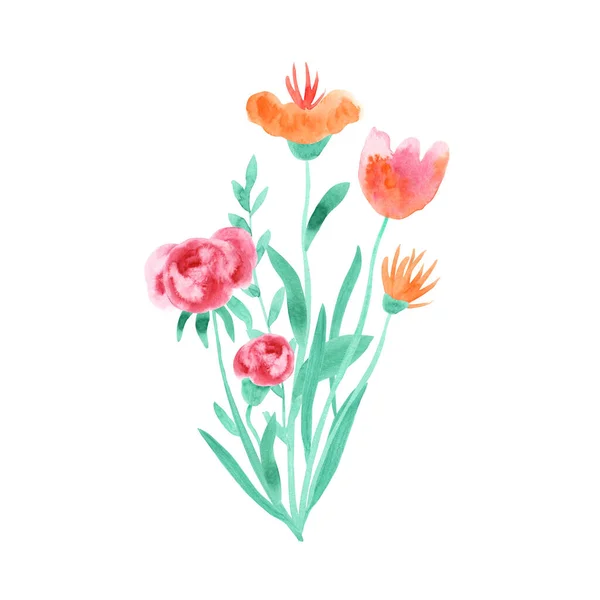 Watercolor bouquet of beautiful fantasy wild orange and pink flowers. Great decorative print for clothes, t-shirts, invitations, gift products. Hand painted illustration isolated on white.