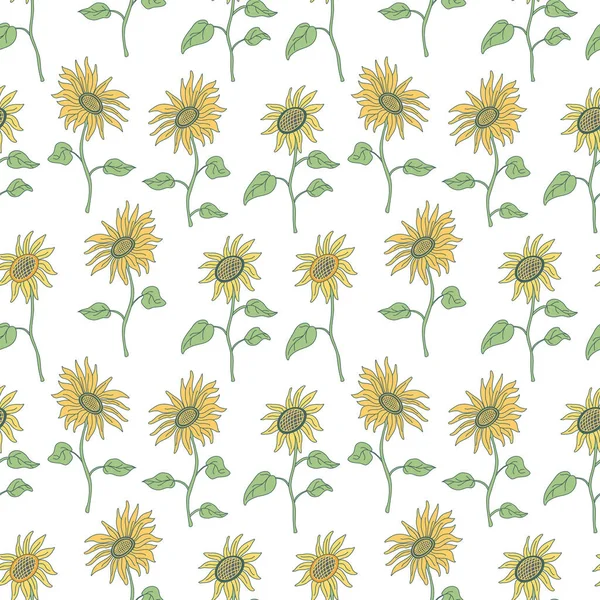 Vector Seamless Pattern Nice Sunflowers Long Stems Leaves White Hand — Stock Vector