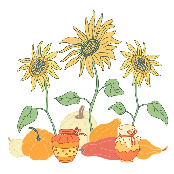 Autumn Composition Sunflowers Pumpkins Jars Jam Flat Style Lines Hand — Stock Vector