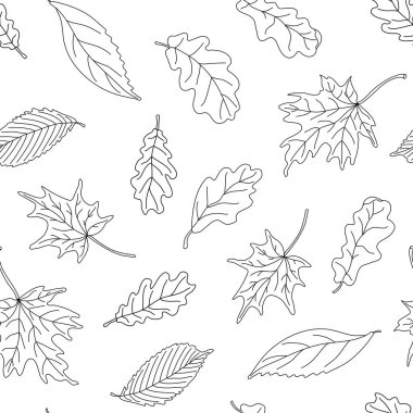 Beyaz arka planda yaprakları olan sonbahar vektörsüz desen. Kumaşlar, ambalaj kağıtları, duvar kağıtları, örtüler için harika. Çizim biçimini siyah mürekkeple karala.