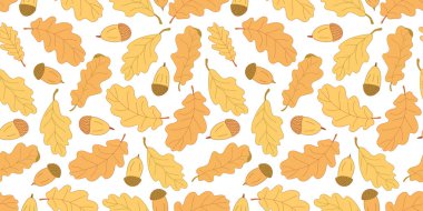 Beyaz arka planda meşe yaprakları ve meşe palamudu olan sonbahar vektörsüz desen. Kumaşlar, ambalaj kağıtları, duvar kağıtları, örtüler için harika. Düz çizgili. Sarı, turuncu, kahverengi..
