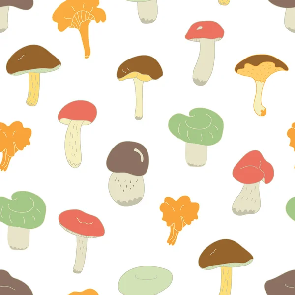 有白色背景的森林可食蘑菇的病媒无缝图案 很适合织物 包装纸 线条平整的风格 — 图库矢量图片