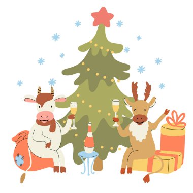 Yılbaşı kartı, hediye kutuları, Noel ağacı ve şampanya içen sevimli, neşeli boğa ve geyik. Öküz 2021 yılı. El çizimi harfler. Vektör illüstrasyonu beyaz arkaplanda izole edildi
