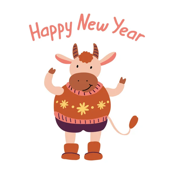 Boldog Újévi Üdvözlőlapot Egy Aranyos Vidám Bikával Ökör Éve Vektor — Stock Vector
