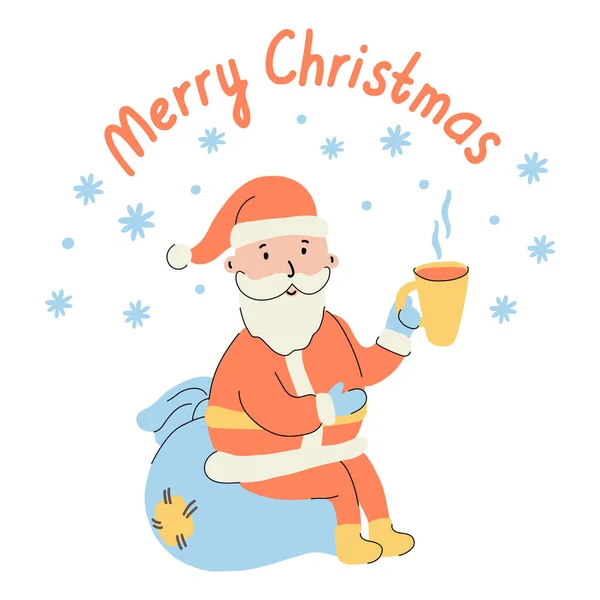 Merry Christmas Greeting Card Cute Cheerful Santa Holding Mug Tea — Stock Vector