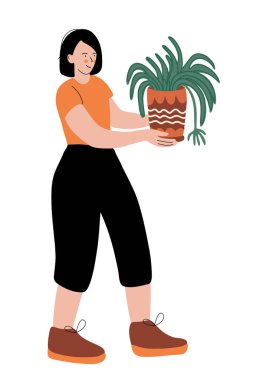 Örümcek bitkisi olan hoş bir kadın. Ev bitkisi hobisi ve mutlu yaşam konsepti. Beyaz arkaplanda vektör çizimi izole edildi. Çizgileri olan düz el çizimi biçimi.