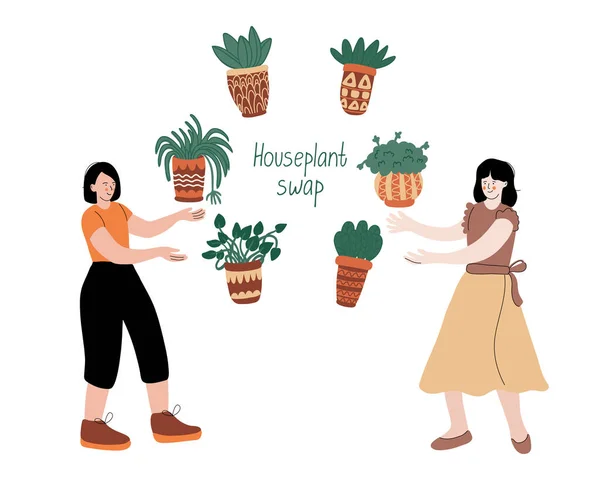 Die Menschen Tauschen Zimmerpflanzen Aus Frauen Sind Mit Ihren Pflanzen — Stockvektor