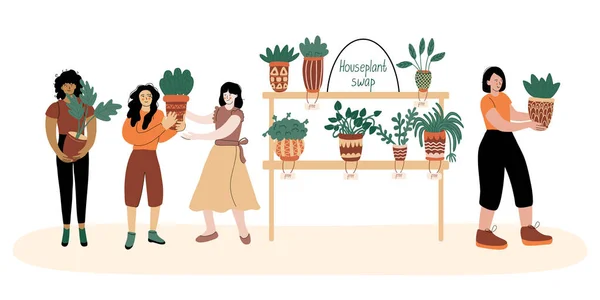 Ludzie Wymieniają Się Roślinami Różne Kobiety Zadowolone Nowych Roślin Dużo — Wektor stockowy