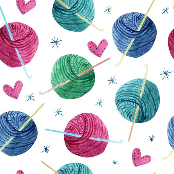 Watercolor Seamless Pattern Colorful Balls Wool Crochet Hooks Knitting Hearts — Stock Photo, Image