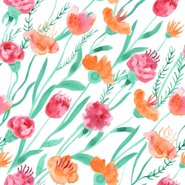 Akvarell Zökkenőmentes Minta Levelek Fantázia Virágok Hosszú Szárak Narancs Rózsaszín — Stock Fotó