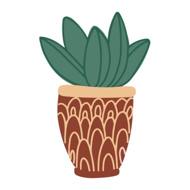 Süslerle süslenmiş bir saksının içindeki güzel bir saksı. Beyaz arkaplanda izole edilmiş vektör el çizimi. Düz biçim.