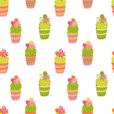 Rengarenk kaktüslerle renksiz vektör deseni. Ana hatlarıyla düz stil. Pembe, yeşil, turuncu renkler. Örtüler, ambalaj kağıtları, kumaşlar için harika. Güzel sulu bitkiler..