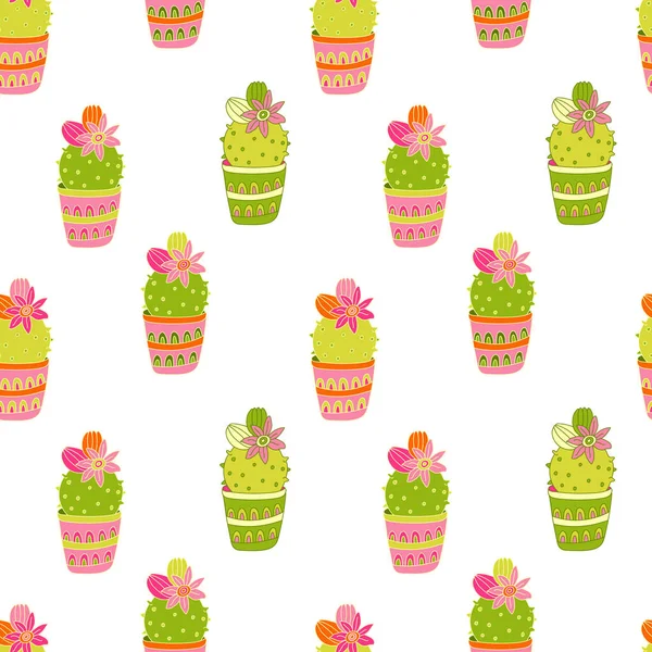 Patrón Sin Costura Vectorial Con Cactus Florecientes Colores Macetas Estilo — Archivo Imágenes Vectoriales