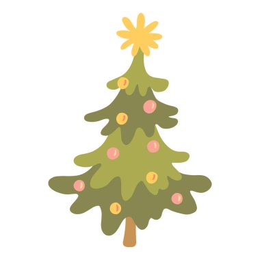 Noel toplarıyla süslenmiş güzel bir Noel ağacı ve üstünde sarı büyük bir yıldız. Beyaz arkaplanda vektör çizimi izole edildi. Noel ve yeni yıl tebrik kartları için mükemmel..