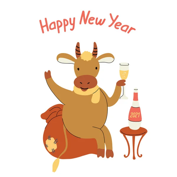 Boldog Újévi Üdvözlőlapot Egy Aranyos Vidám Bika Vagy Tehén Pezsgőt — Stock Vector
