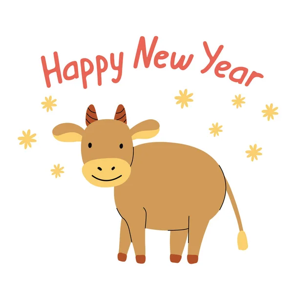 Boldog Újévi Üdvözlőlapot Egy Aranyos Bikával Ökör Plakát Éve Vektor — Stock Vector