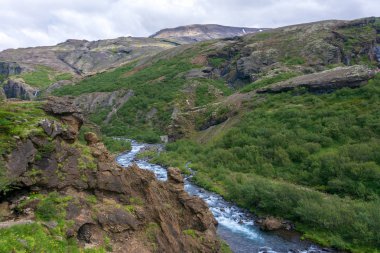 Güzel Glymur şelale alanı kenarına Hvalfjordur fiyort, İzlanda