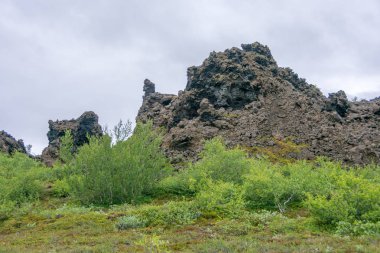 North Iceland'deki / daki Myvatn Lake yakınlarında alışılmadık şekilli lav alanlarının Dimmuborgir alan. Oluşan dramatik volkanik mağaralar ve kaya oluşumları alandır
