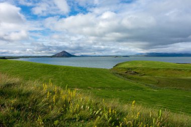 Lake Myvatn ve göl kenarındaki North Iceland'deki / Skutustadir Pseudocraters