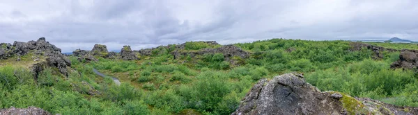 冰岛北部 Myvatn 湖附近异常形状的熔岩场的 Dimmuborgir 该地区是由戏剧性的火山洞穴和岩层组成的 — 图库照片